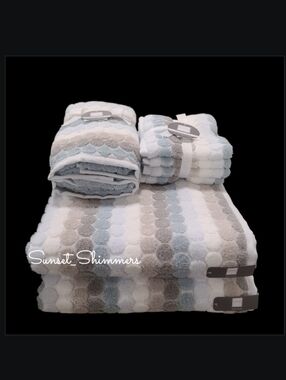 8pc Soho Living Bath Hand Washcloth Towel Set Striped Dot Blue Gray White New